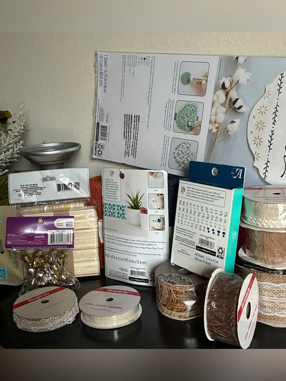 NWT Assorted Craft Bundle Set: Burlap/Ribbons/Stencils/Craft Sticks/Jingle Bells